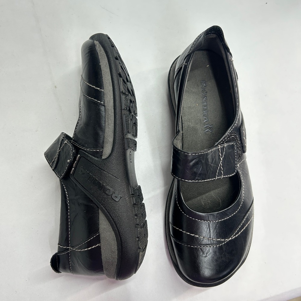 Romika‎ Leather Mary Jane Flats Hook Loop Strap 37 Black Gorpcore Comfort Shoes